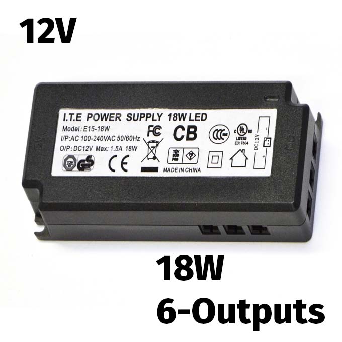 12V 18W Power Supply for Cabinet Lighting with 6 outputs 